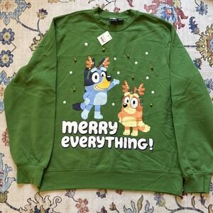New Adult Bluey Christmas Bells Fleece Crewneck Pullover Sweatshirt, size M